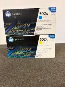 HP 502A Toner Cartridges Yellow Q6472A & Cyan Q6471A, for HP LaserJet 3600, Original Box