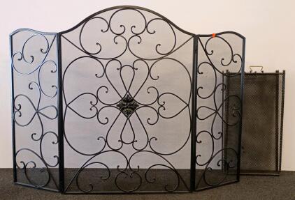 Decorative Wrought Iron 3-Panel Fireplace Screen 40"x24" & Plain Mesh 4-Panel Screen, Black Metal 18"x36"