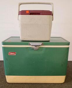 Vintage Coleman Steel Belted Metal Cooler 54 Qt Green + Coleman 9 Qt Personal Cooler Set