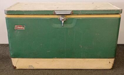 Vintage Coleman Steel Belted Cooler Green 70 Quart, Metal Handles, Drain Plug, 1970s
