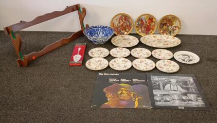 Vintage Plate & Vinyl Lot &ndash; Homer Laughlin China, WM Rogers Pie Server, JFK Plate, Wall Rack