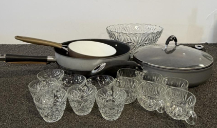 Vintage Pressed Glass Punch Set (13 Cups, 2 Bowls) & 3-Piece Nonstick Cookware Set With Lid