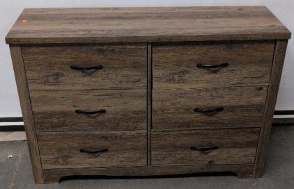 6-Drawer Brown Wood Grain Dresser, Engineered Wood, 47-55" Wide, Black Metal Handles