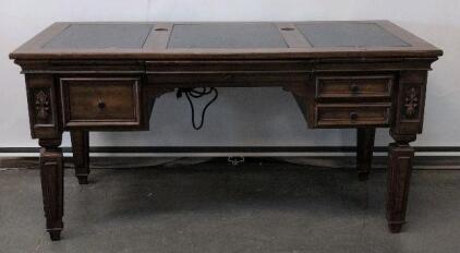 Executive Desk With Leather Inlay, 5 Drawers, Power Outlets & USB, Ornate Carved Wood, 62"x30"