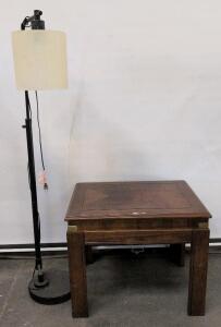 Mid-Century Walnut End Table With Brass Accents & Modern Black Floor Lamp, 27"x22"x22", 58" Tall