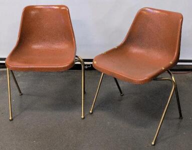 Pair Of Mid-Century Modern Molded Shell Side Chairs, Brown Fiberglass, Brass X-Base Legs
