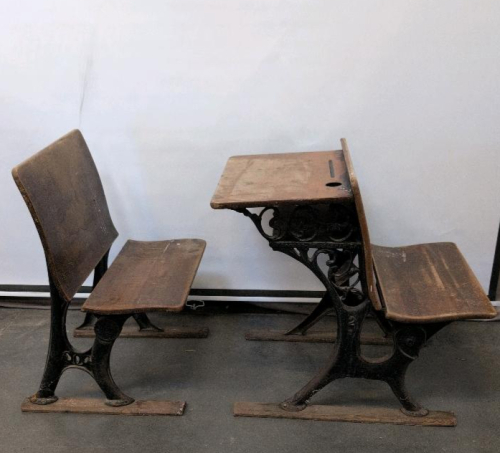 Antique Double School Desk Set &ndash; Cast Iron Base, Wood Top, Bench Seats, c. 1900s Classroom