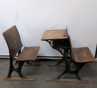 Antique Double School Desk Set &ndash; Cast Iron Base, Wood Top, Bench Seats, c. 1900s Classroom