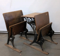 Antique Double School Desk Set &ndash; Cast Iron Base, Wood Top, Bench Seats, c. 1900s Classroom - 2