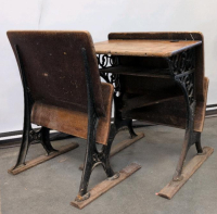 Antique Double School Desk Set &ndash; Cast Iron Base, Wood Top, Bench Seats, c. 1900s Classroom - 3
