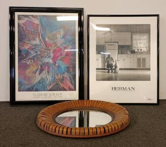 Framed Vladimir Sokolov Art Expo 1986 Poster, Berman Black-And-White Print, Round Rattan Mirror Set