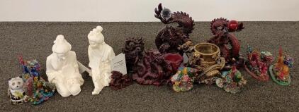 Asian Figurines &ndash; Giannelli Geisha Statues, Resin Dragons, Multicolor Mythical Creatures