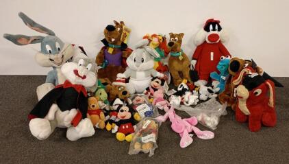 Large Cartoon Character Plush Lot &ndash; Disney, Warner Bros., Bugs Bunny, Scooby-Doo, Mickey, 24 pcs
