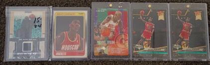 5 Assorted Sports Cards Michael Jordan, Akeem And Karl Malone Jersey Card