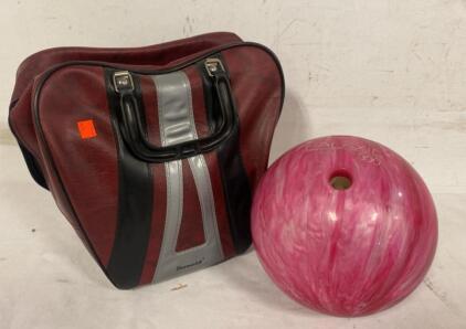 Ebonite Galaxie 300 Pink Swirl Bowling Ball, Drilled, W/ Bannadier&rsquo;s Bag, Vintage Polyester