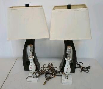 (2) Wooden Rectangular Table Lamps, (2) Ceramic Rose Lamps