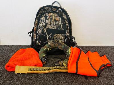 Hunting Gear Bundle &ndash; Mossy Oak Camouflage Backpack, Blaze Orange Vest & Beanie, Cartridge Belt, Rifle Rest