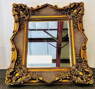 Large Ornate Baroque Style Wall Mirror, Gold Gilt Frame, 33"x38", Carved Floral & Diamond Details