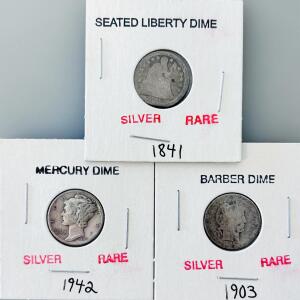 1841 Seated Liberty, 1903 Barber, & 1942 Mercury Silver Dimes &ndash; 90% Silver, Historic U.S. Coins