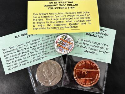 Eisenhower Dollar 1977, Kennedy Half Dollar Vermont Colorized 2001, 1Oz .999 Copper M16 Medallion
