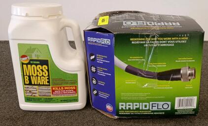 Rapid Flo 100 ft Lightweight Kink-Resistant Garden Hose, 5/8 in Dia, 5 Yr Warranty, Crush-Resistant & 11lb Moss Killer (Unopened)