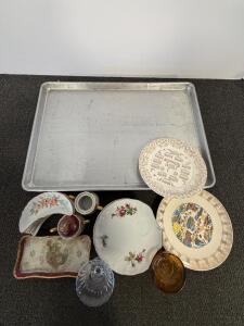 Vintage Dinnerware & Bakeware- 5 Aluminum Sheet Pans, Decorative Plates & Glasses