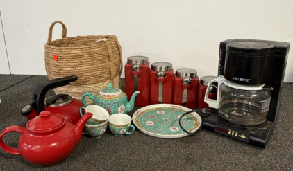 Mr. Coffee Programmable Maker, Kitchenaid Kettle, 4 Red Canisters, Basket & Porcelain Tea Set