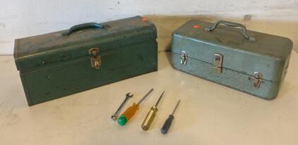 Vintage Green Steel Cantilever Toolboxes Set, 2 Sizes, With Hand Tools & Hardware, 1960s&ndash;1980s