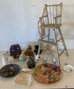 Vintage Wood Highchair, Jewelry, Victorian Tray, Clutch, Decor Items, Fountain, Teapot