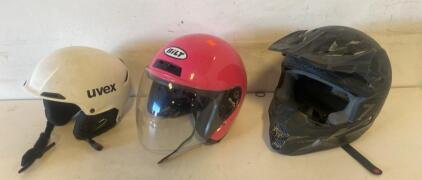 3 Helmets: Uvex Ski Helmet, Bilt Open-Face Motorcycle Helmet, Motocross Offroad Helmet