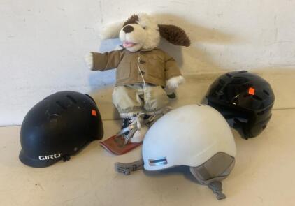 Three Giro Ski/Snowboard Helmets, Adult Unisex, Matte Black, White, Glossy Black, Multi-Vented - And BaBa The Snowboarder