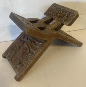 Hand-Carved Wooden Folding Stool With Tribal Face Carvings &ndash; African/Indigenous Design, 16&rdquo;x8&rdquo;x10&rdquo;