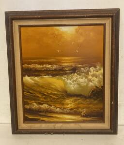 Framed Artistic Interiors Original Oil Painting, Certified 99163, Seascape, 28x31", Ready To Hang