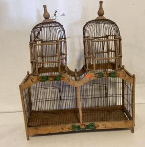 Hand-Painted Vintage Double Wooden And Metal Birdcage, 36"x12"x36", Floral Decor