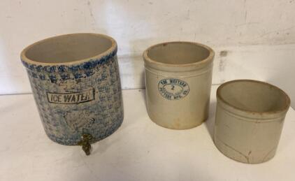 Antique Stoneware 4 Gal Monmouth Ice Water Dispenser & 2 Gal Western Pottery Crocks