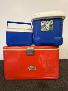 Igloo 14 Qt Cooler, Coleman 9 Qt Cooler, Vintage Red Metal 48 Qt Cooler, 3-Piece Set