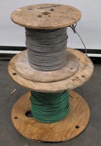 Large Wooden Spools With Electrical Wire, Green & Gray, Approx. 250 Ft Each, 16 AWG, PVC Jacket