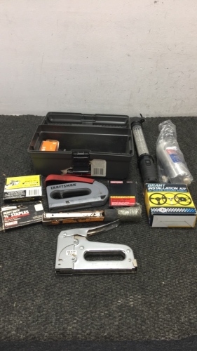 (3) Construction Staple Guns (6) Boxes Of Staples (1) Grant Steering Wheel Installation Kit (1) Rechargeable Aerosol spray Can (1) LED Drop Light