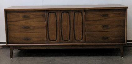 Mid-Century Modern 9-Drawer Dresser Credenza, Sculpted Doors, 72"x18"x31" Walnut Finish