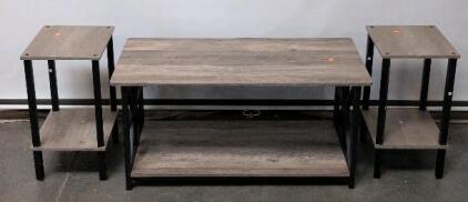 3-Piece Coffee Table And End Table Set, Gray Wood Top, Black Metal Frame, Shelf Storage