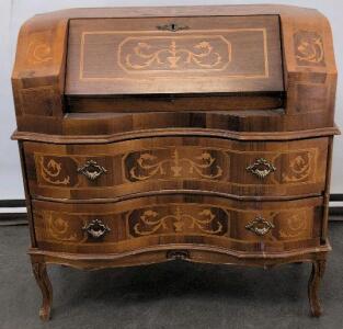 Bombe Secretary Desk With Marquetry Inlay, Two Drawers, Cabriole Legs, Approx. 34"x35"x16"