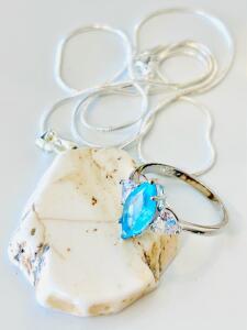 Marquise Blue Gemstone Silver Ring (Size 10) & White Howlite Pendant Necklace Set, Snake Chain, Pear Accents
