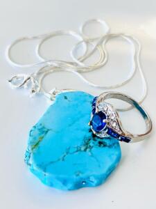 Vibrant Turquoise-Style Pendant Necklace & Blue Gemstone Silver-Tone Ring (Size 9.5) Jewelry Set