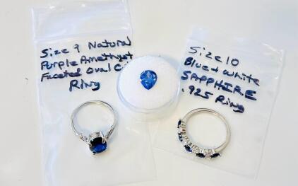 Sterling Silver Rings Size 9 & 10 With Lab Sapphire/Amethyst + 4.10ct Pear Tanzanite Gem 8x10mm