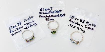 Sterling Silver Mystic Rainbow Topaz & Green Peridot Rings, Prong Set, Sizes 7&ndash;8.5, .925 Stamped
