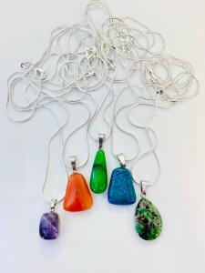 Set Of 5 Gemstone Pendant Necklaces &ndash; Amethyst, Carnelian, Aventurine, Blue Howlite, Ruby-In-Zoisite