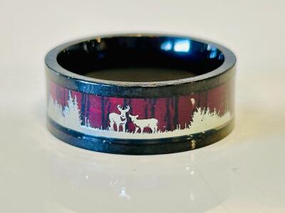 Tungsten Ring 8mm Black Band With Red Forest & Deer Inlay, Polished Finish, Men's Jewelry (Size 8)