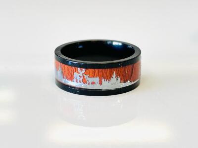 Tungsten 8mm Black Ring With Wood Inlay Dnd Deer Forest Scene, Wildlife Etched Design (Size 7)