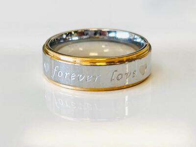 Stainless Steel Two-Tone "Forever Love" Engraved Band Ring, Gold/Silver, 6mm, Unisex (Size 6)