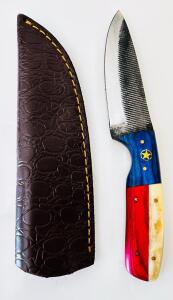 Custom Texas Themed Fixed Blade Hunting Knife, 4.5" Carbon Steel Blade, Leather Sheath
